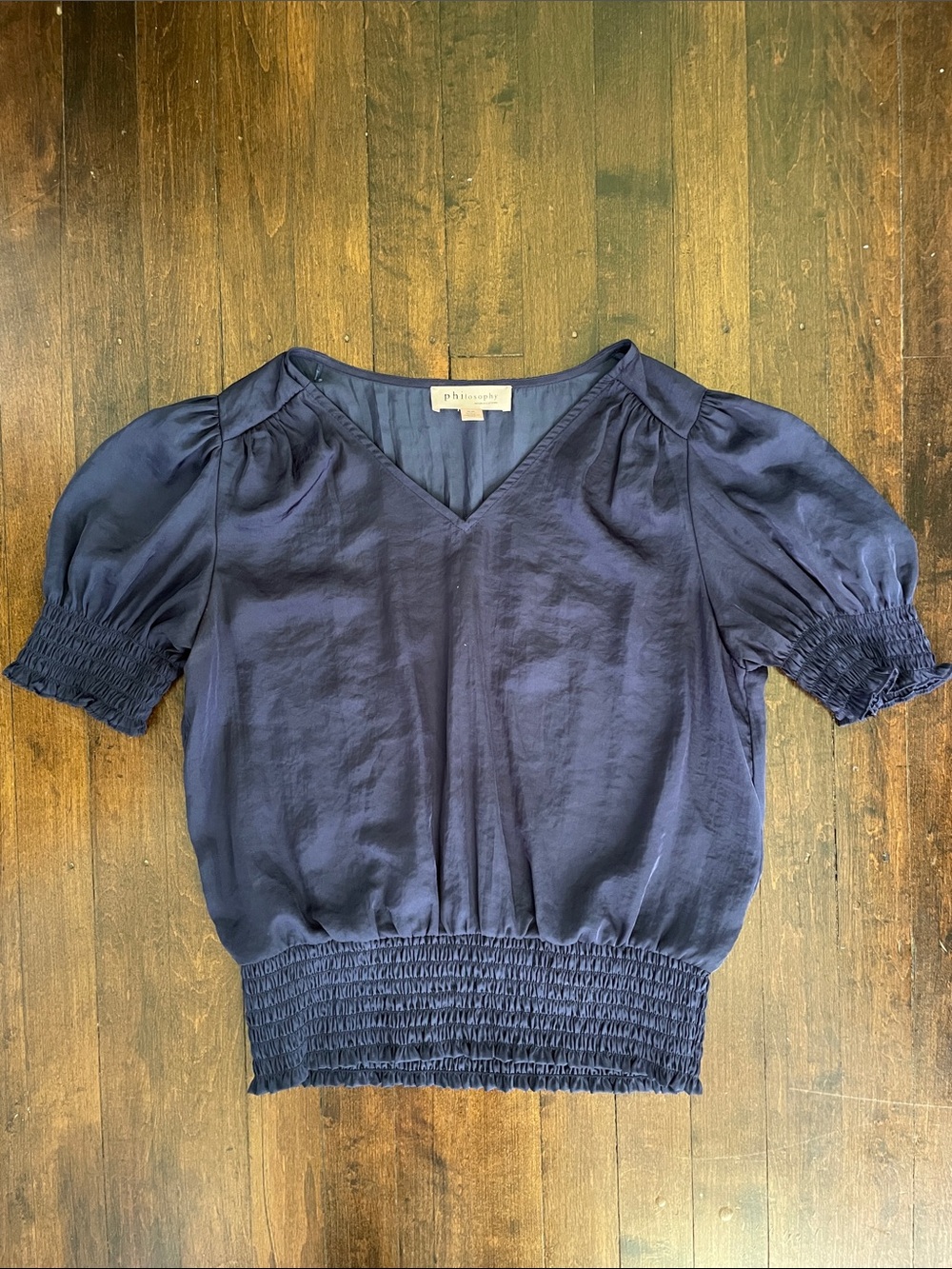 Philosophy Navy V-Neck Puff Sleeve Smocked-Hem Top